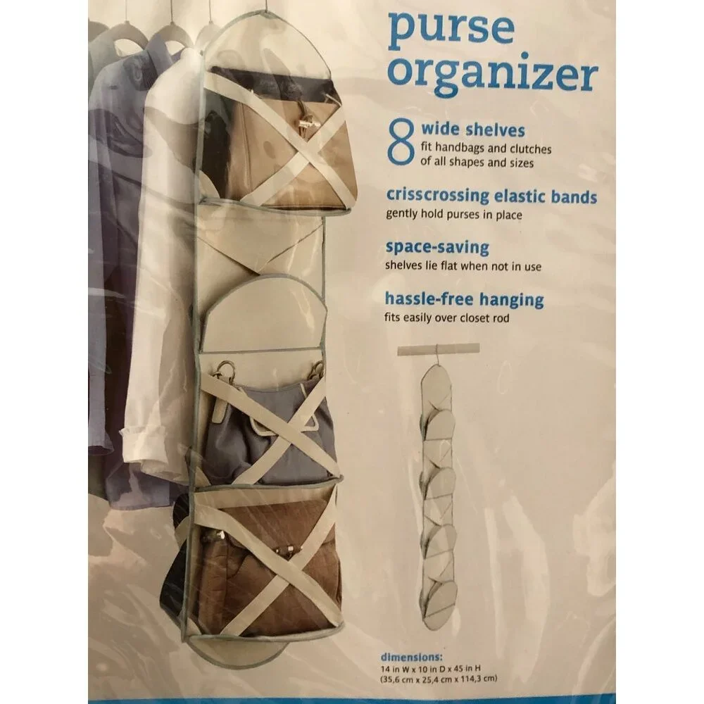 Real Simple Hanging Purse Organizer 8 Wide Shelves Crisscross Elastic Bands New